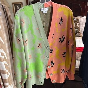 Colorblock Floral V-Neck Cardigan Sweater - Green & Pink